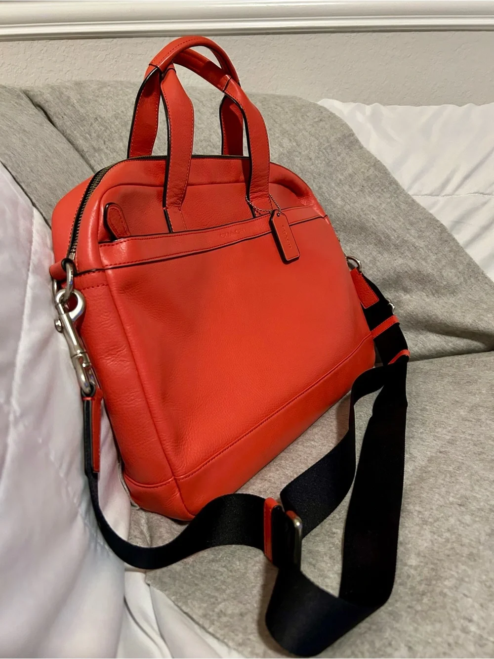 Coach Men or Women's Bold Salmon Leather Laptop Briefcase with Black Strap